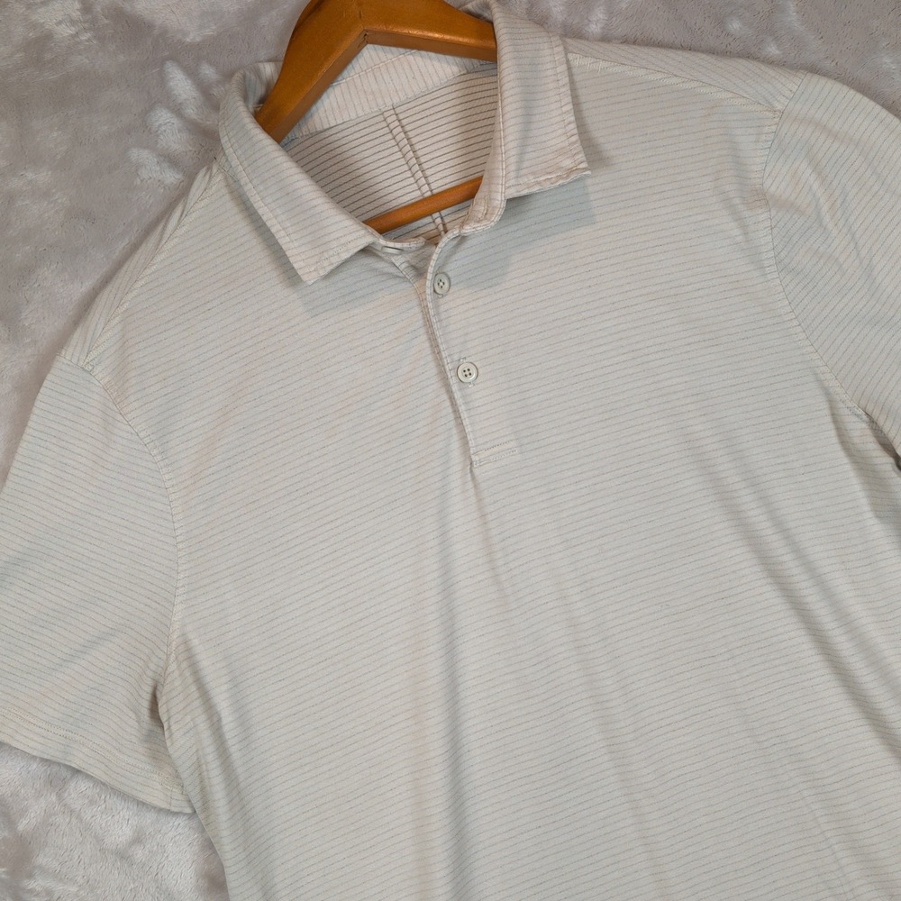 Lululemon Evolution Short Sleeve Polo Mens M Beige Striped Golf Active Basic